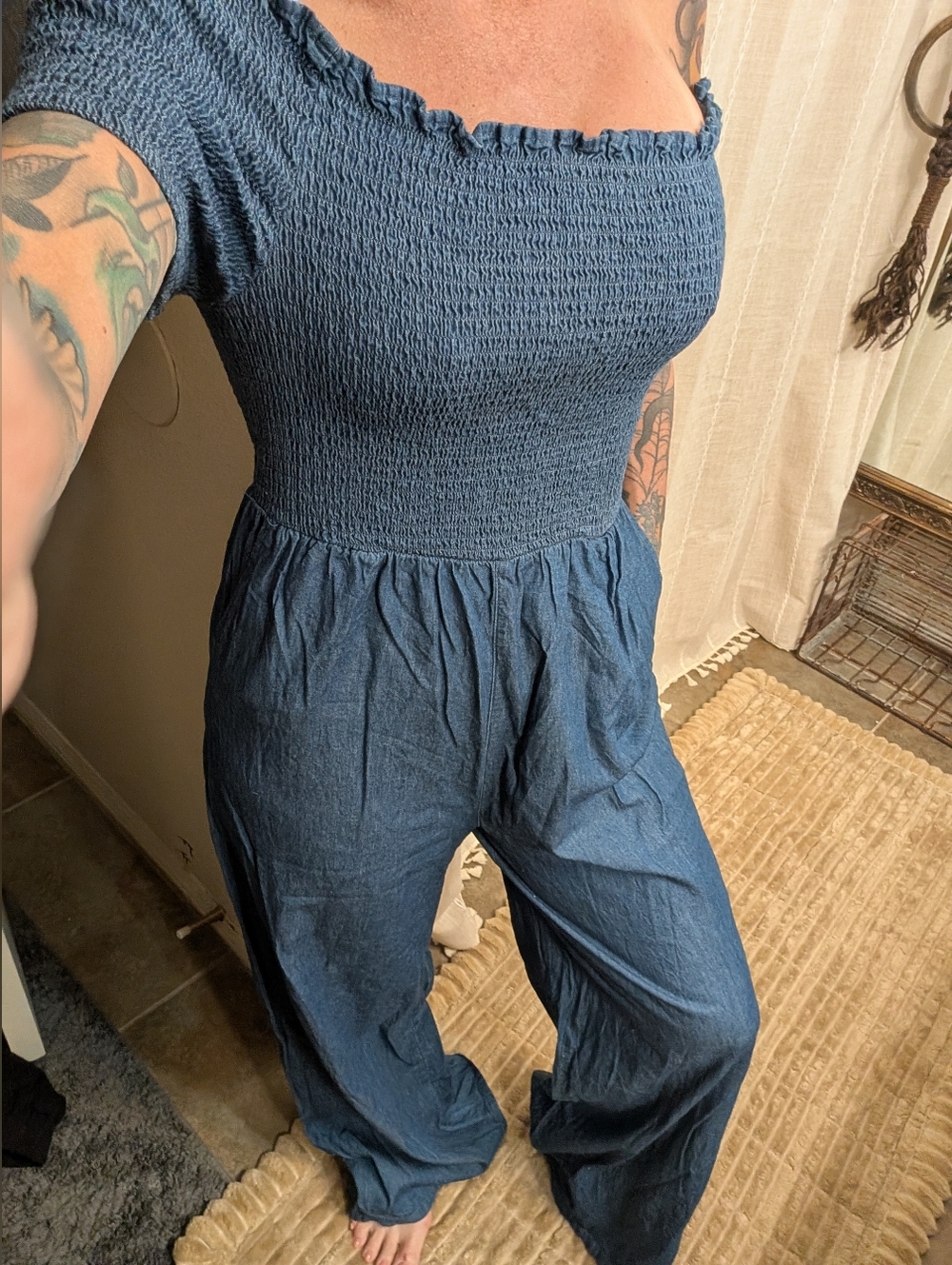 Blue Rain Denim-Style Smocked Jumpsuit in Dark Blue